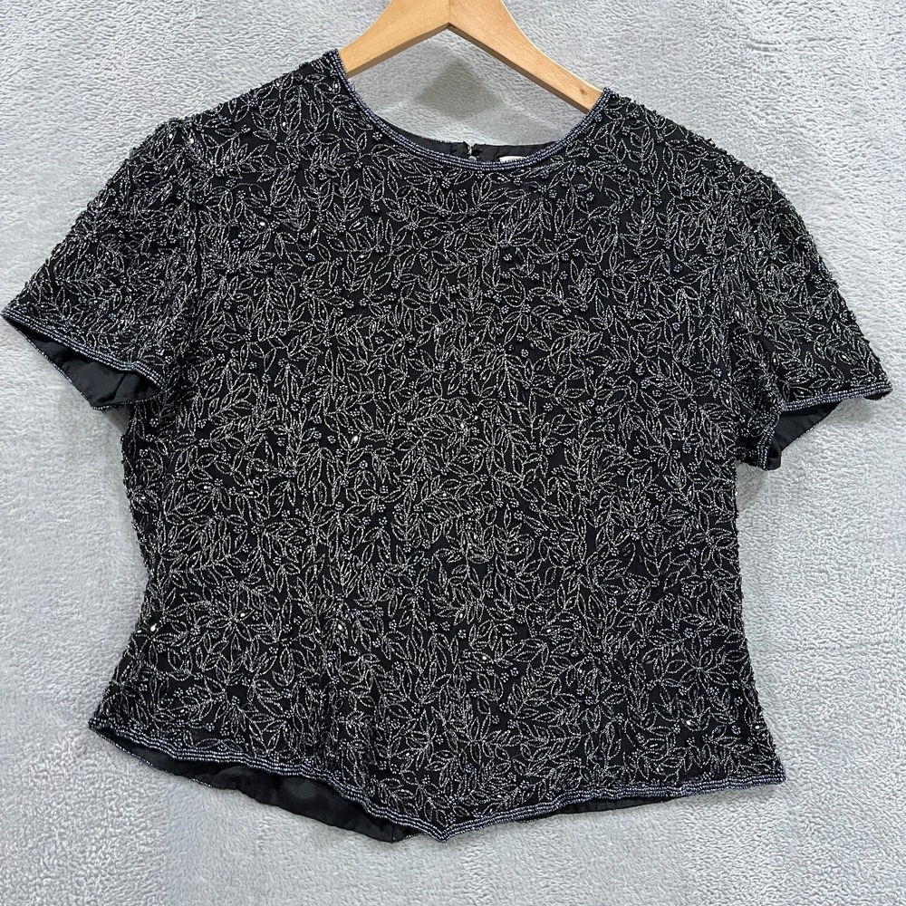 VTG Papell Boutique Evening‎ Blouse Large Beaded Sequin Silk Top Fairy Floral